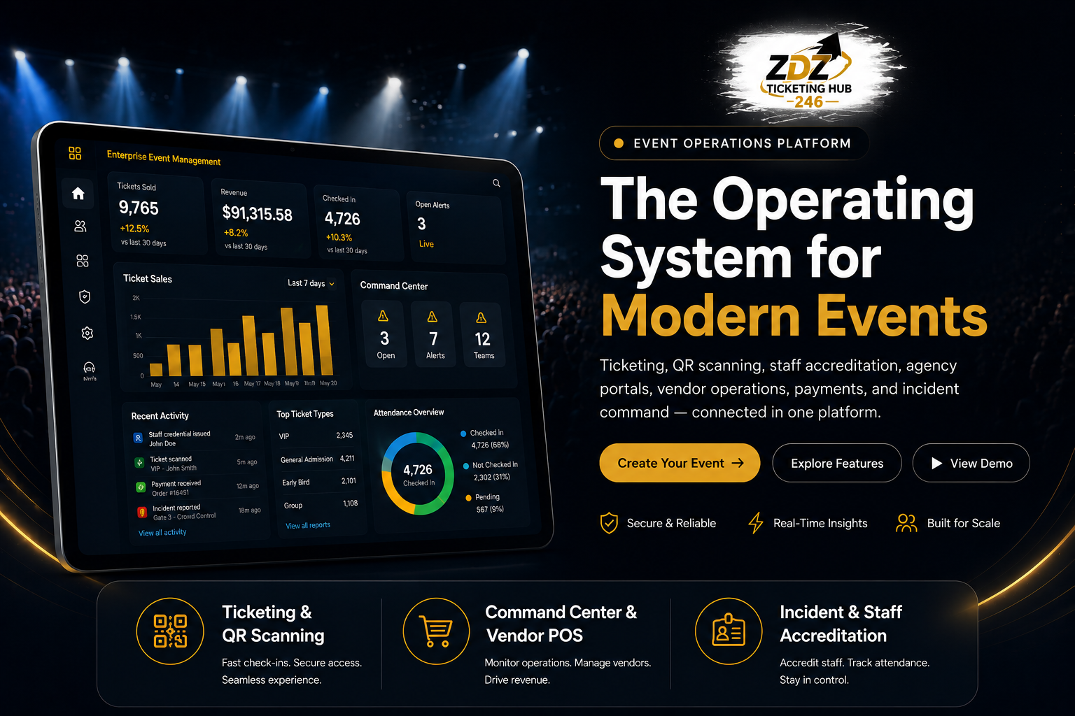 ZDZ Ticketing Hub 246 — The Operating System for Modern Events. Ticketing, QR scanning, staff accreditation, agency portals, vendor operations, payments, and incident command — connected in one platform.